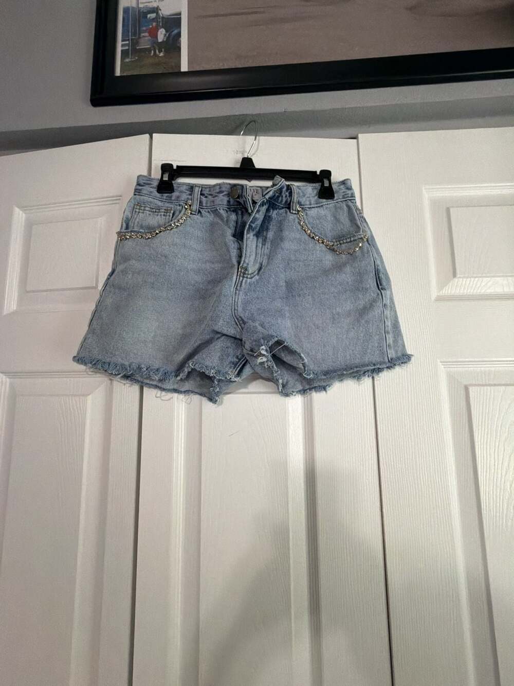 Twelve by onetwelfth Light Wash Denim Shorts with Rhinestone Chain Pocket Detail